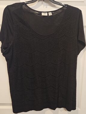 Cato Black Short Sleeve Crochet Front Tee
